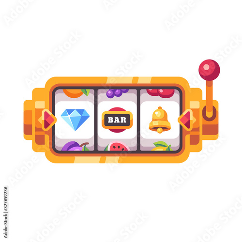 Golden slot machine with various symbols. Casino flat illustration