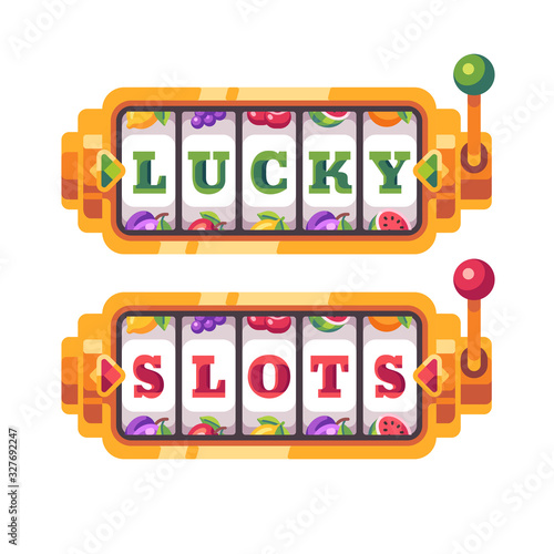 Golden slot machine with letters Lucky Slots. Casino flat illustration