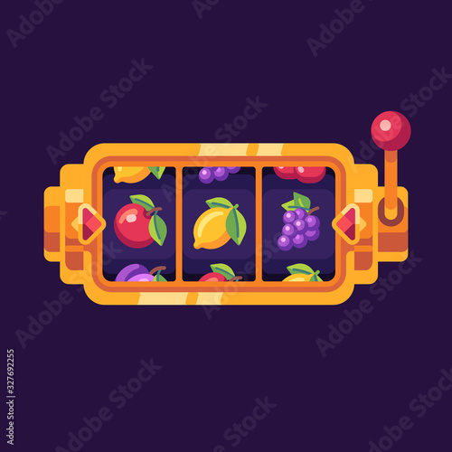 Golden slot machine with fruit symbols on dark background. Casino flat illustration