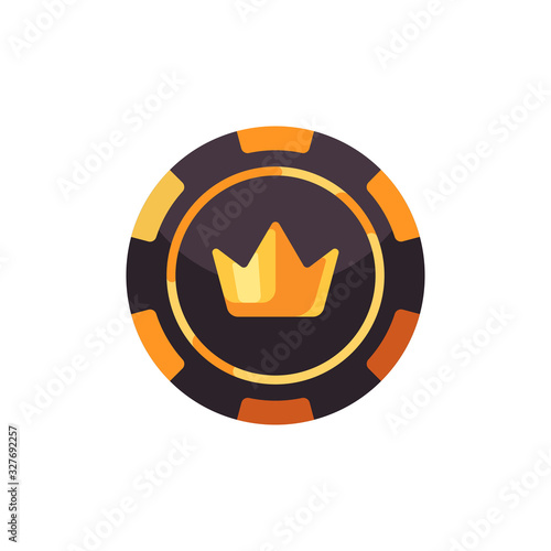 Black and gold poker chip with crown symbol. Casino flat illustration