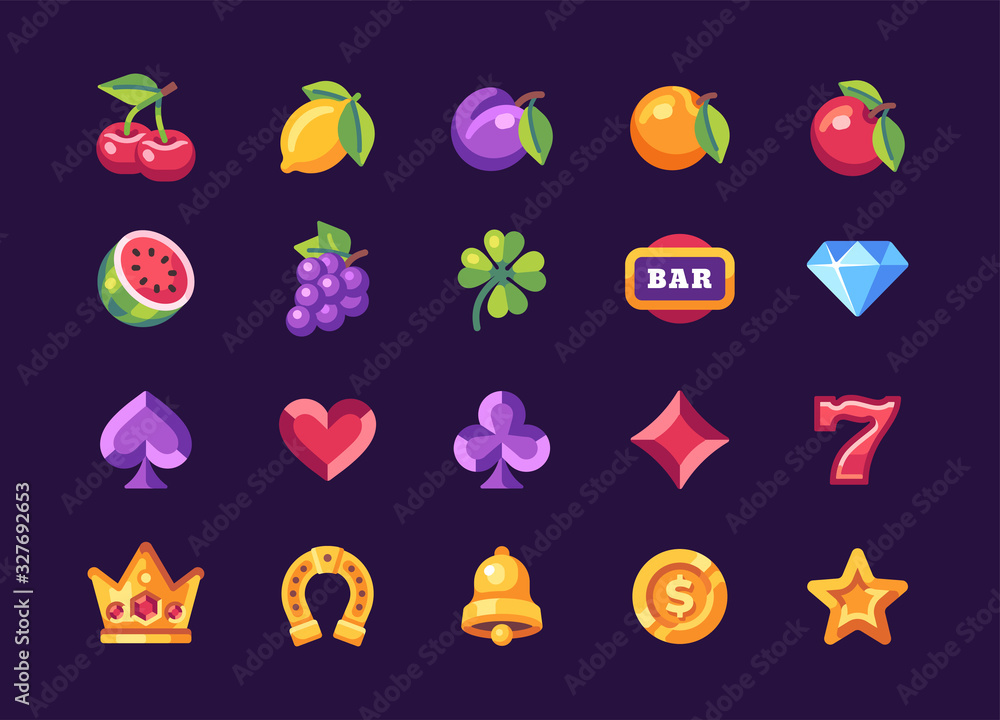 Classic slot machine symbol collection on dark background. Casino flat icons