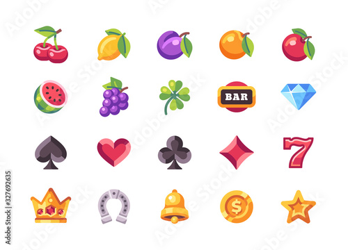 Classic slot machine symbol collection. Casino flat icons