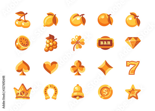 Classic gold slot machine symbol collection. Casino flat icons