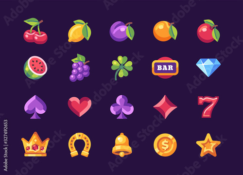 Classic slot machine symbol collection on dark background. Casino flat icons