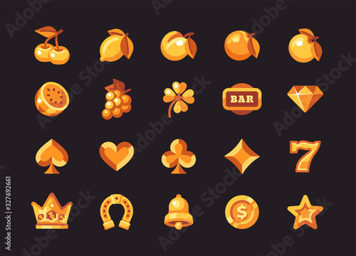 Classic gold slot machine symbol collection on dark background. Casino flat icons