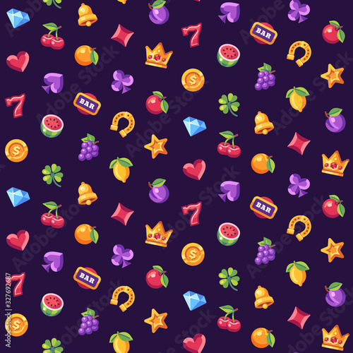 Classic slot machine symbol seamless pattern. Casino flat icons background