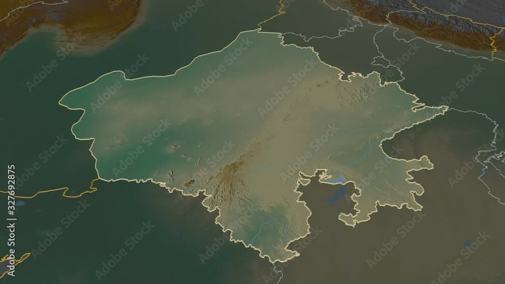 Rajasthan, state with its capital, zoomed and extruded on the relief map of India in the conformal Stereographic projection. Animation 3D Rajasthan, state with its capital, zoomed and extruded on the relief map of India in the conformal Stereographic projection. Animation 3D