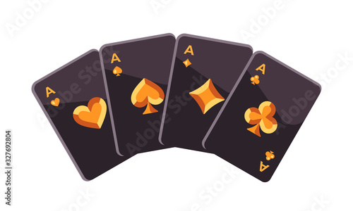 Four black and gold playing card aces. Poker flat illustration