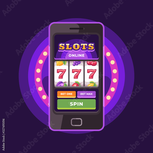 Smartphone with slots game on screen. Online casino flat illustration on purple background