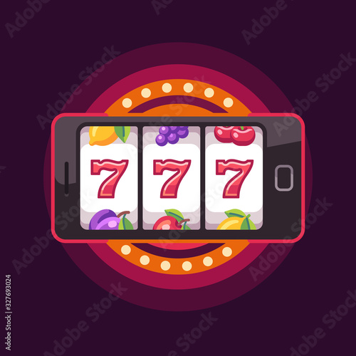 Smartphone with a slot machine on screen. Online slot game flat illustration on red background