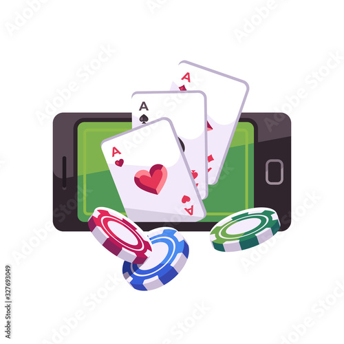 Poker chips and cards flying out of smartphone. Online casino concept