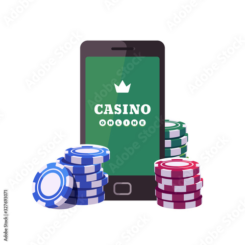 Smartphone with poker chips. Online casino concept