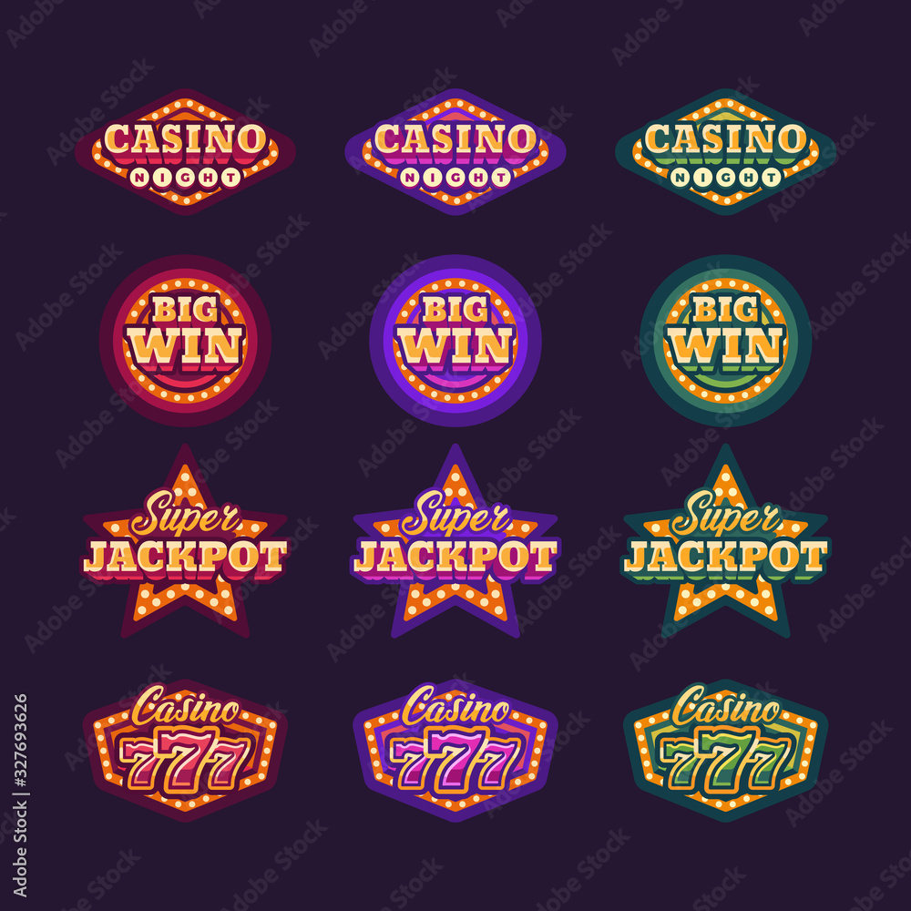 Collection of shining red, green and purple retro casino signs