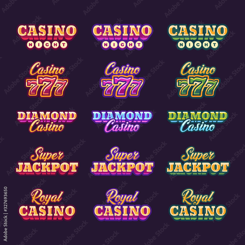 Collection of shining red, purple and green retro casino typography
