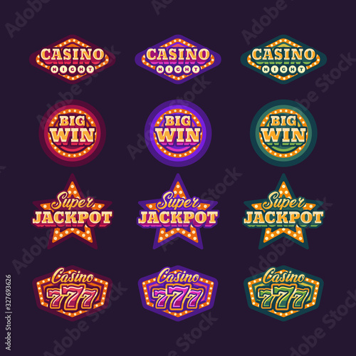 Collection of shining red, green and purple retro casino signs