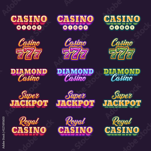 Collection of shining red, purple and green retro casino typography