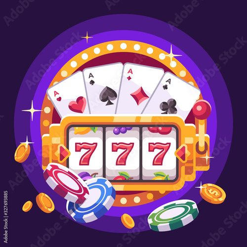 Slot machine with playing cards, poker chips and gold coins. Casino flat illustration