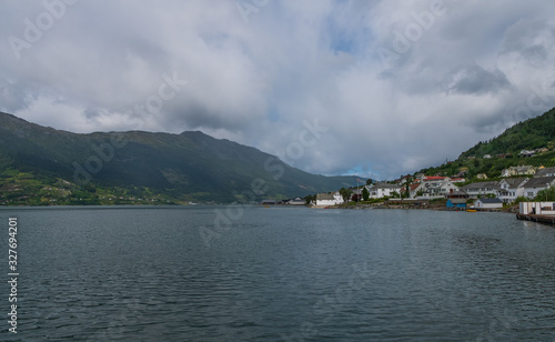 Norway fiord Ullensvang village - part of Hardanger Fjord called Sorfjord. Morning view. July 2019 photo