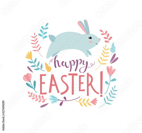 Happy Easter greeting card with cute bunny rabbit and spring flowers