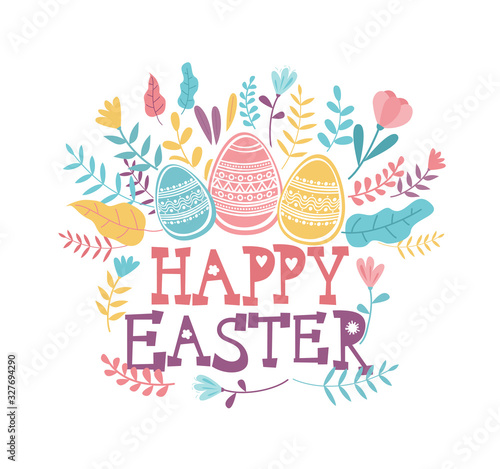 Happy Easter greeting card with colorful eggs, handwritten typography and spr...