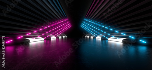 Dark corridor with bright colored neon lights on a black background. 3d rendering image.