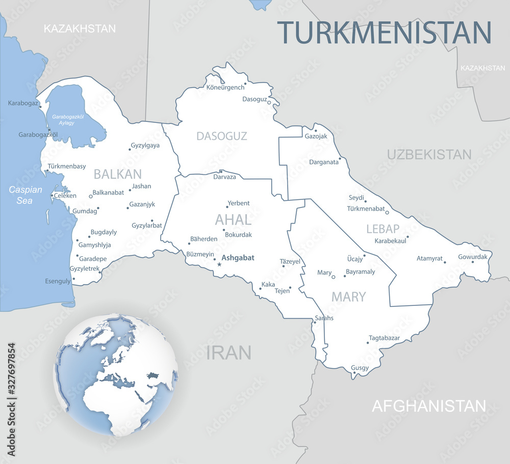 Blue-gray detailed map of Turkmenistan with administrative districts ...