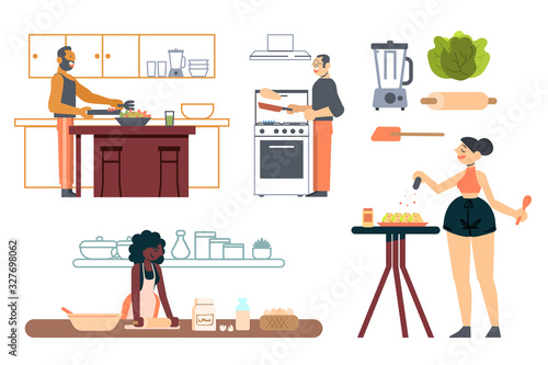 collection of people cooking, cooking pancakes, salad, snacks, opening dough with rolling pin and some kitchen utensils