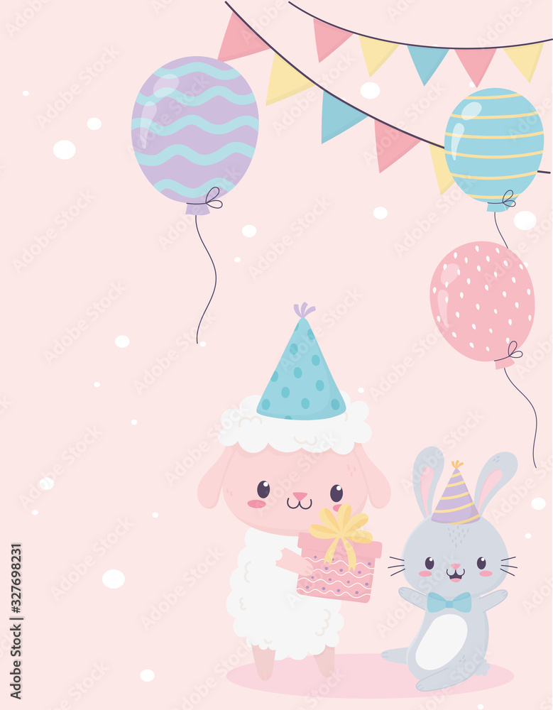 happy birthday sheep rabbit gift balloons celebration decoration card