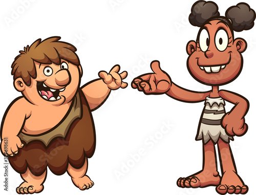 Prehistoric boy and girl cave people happy, standing and presenting something. Vector cartoon clip art illustration with simple gradients. Each on a separate layer.