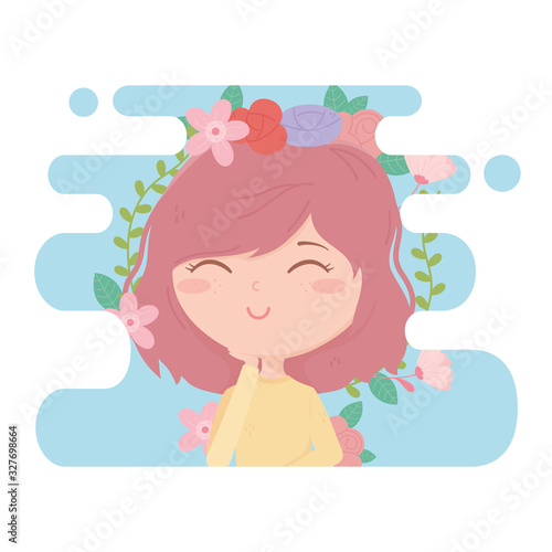 cute woman posing portrait flowers decoration cartoon