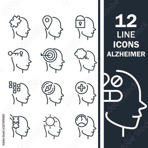 alzheimers disease neurological brain medical condition icons set line style icon