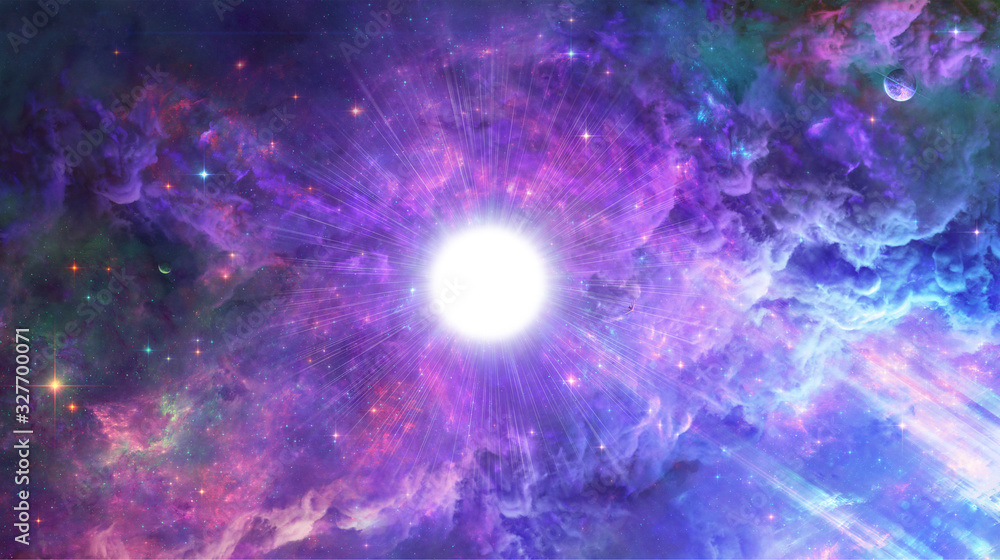Artistic 3d rendering illustration of powerful star in a multicolored nebula space background
