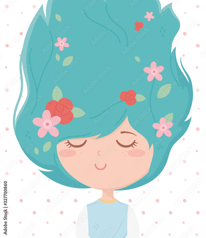 young woman flowers in hair dots background cartoon young woman flowers in hair dots background cartoon