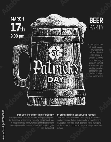 St. Patricks Day written on wooden beer mug. Chalk poster