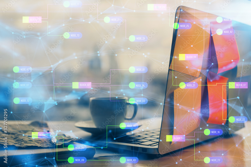 Double exposure of laptop computer and technology theme hologram. Concept of freelance work. Double exposure of laptop computer and technology theme hologram. Concept of freelance work.