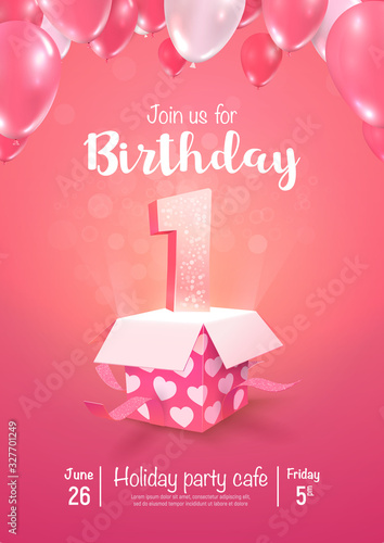 Celebrating of 1 years birthday vector 3d illustration on soft background. First year anniversary and open gift box with balloons poster template.