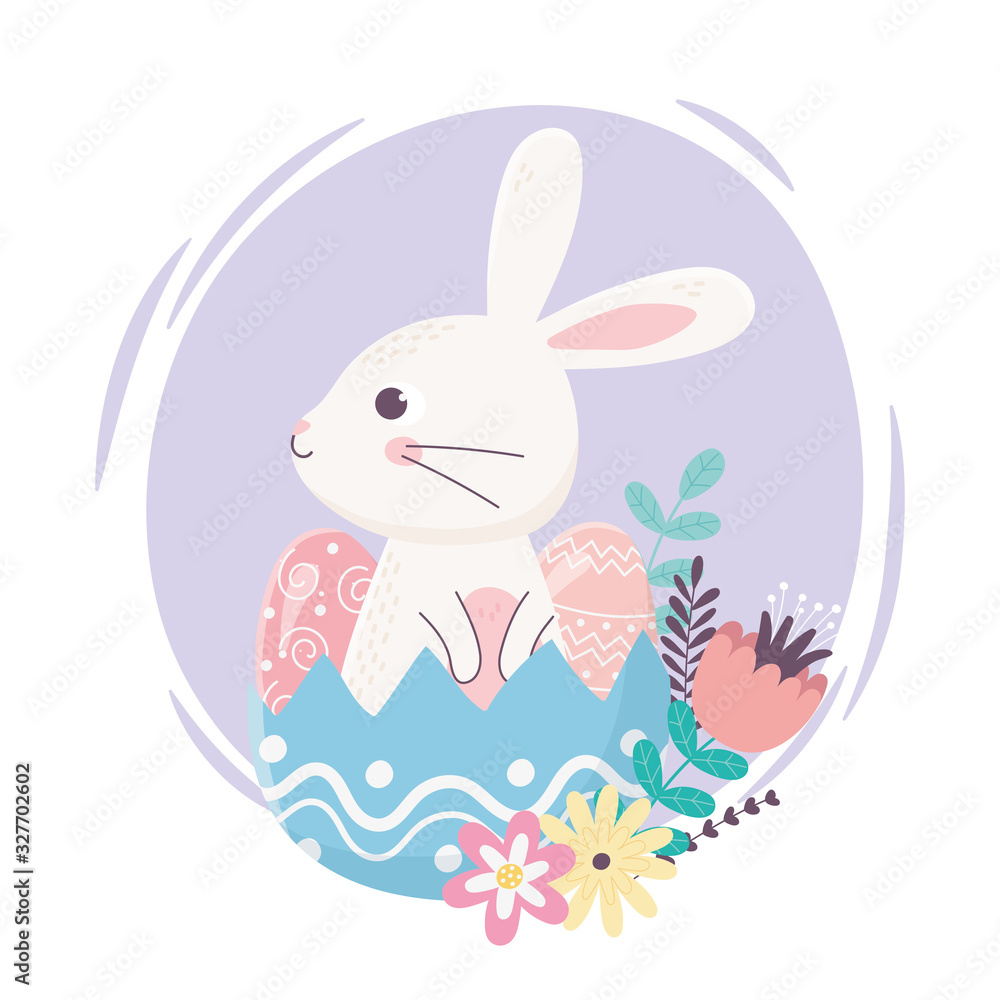 happy easter day, cute rabbit in eggshell eggs flowers decoration happy easter day, cute rabbit in eggshell eggs flowers decoration