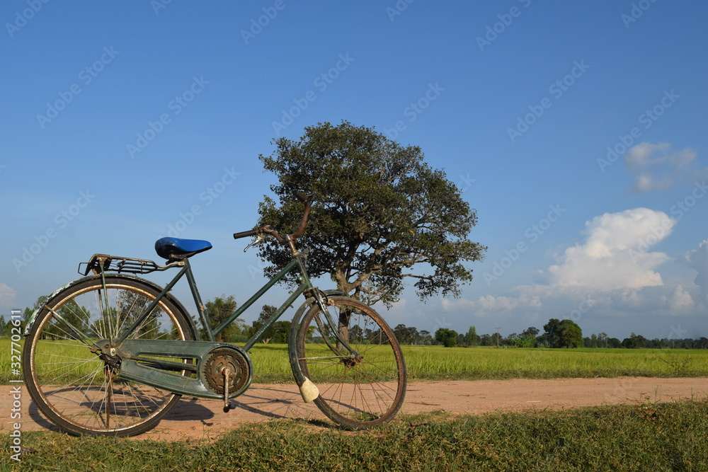 Bicycles parked on the road and the background is green fields and sky.