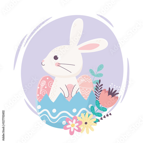 happy easter day, cute rabbit in eggshell eggs flowers decoration