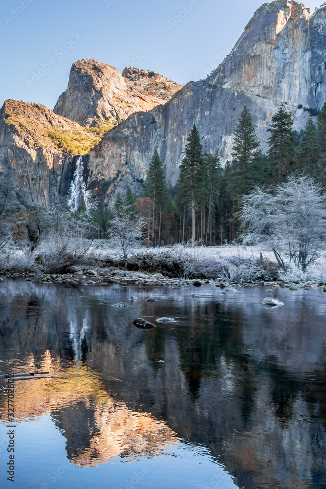 Beautiful view of Yosemite Winter Wonderland from the Valley with snow, Mountains and beautiful trees at Yosemite National Park, California, United States of America.