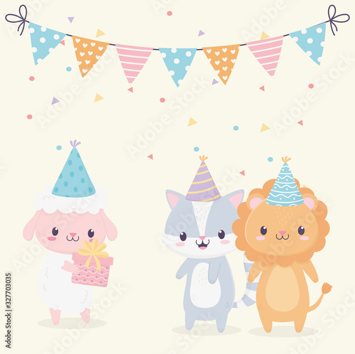 happy birthday animals party hats gift confetti celebration decoration