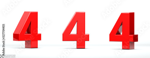 Number 4 of red color in 3 positions. 3d Render illustration at different angles: Front, right side, left side. White background, isolated.