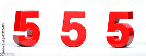 Number 5 of red color in 3 positions. 3d Render illustration at different angles: Front, right side, left side. White background, isolated.