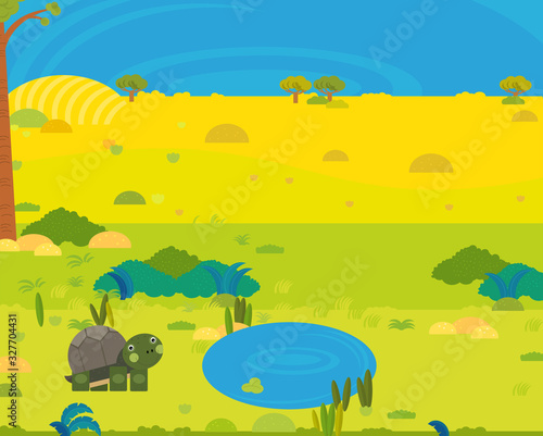 cartoon africa safari scene with cute wild animal by the pond illustration