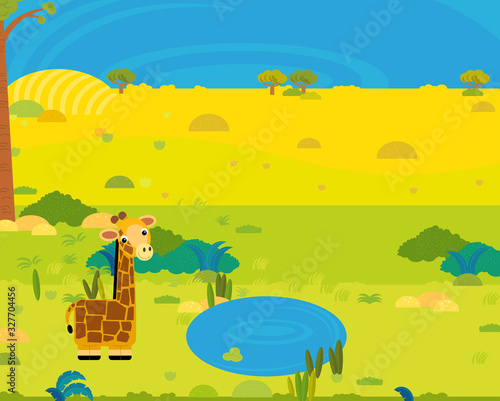 cartoon africa safari scene with cute wild animal by the pond illustration