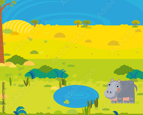 cartoon africa safari scene with cute wild animal by the pond illustration