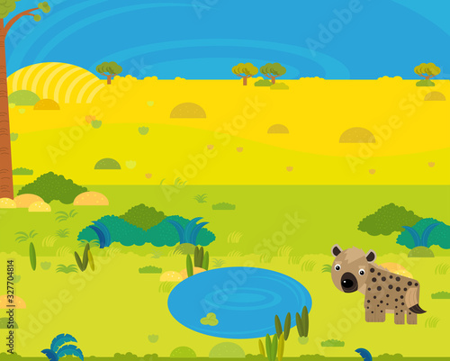 cartoon africa safari scene with cute wild animal by the pond illustration