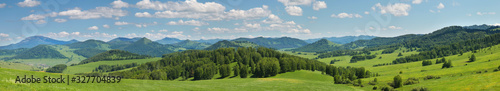 Large panoramic view of the spring landscape, countryside. Green forests and meadows, blue sky with white clouds.