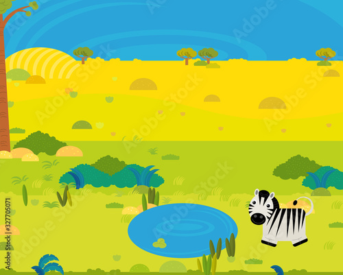 cartoon africa safari scene with cute wild animal by the pond illustration