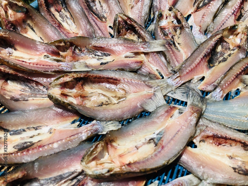 Close-up dried fishes in sunny; food preservation in fisherman village Close-up dried fishes in sunny; food preservation in fisherman village